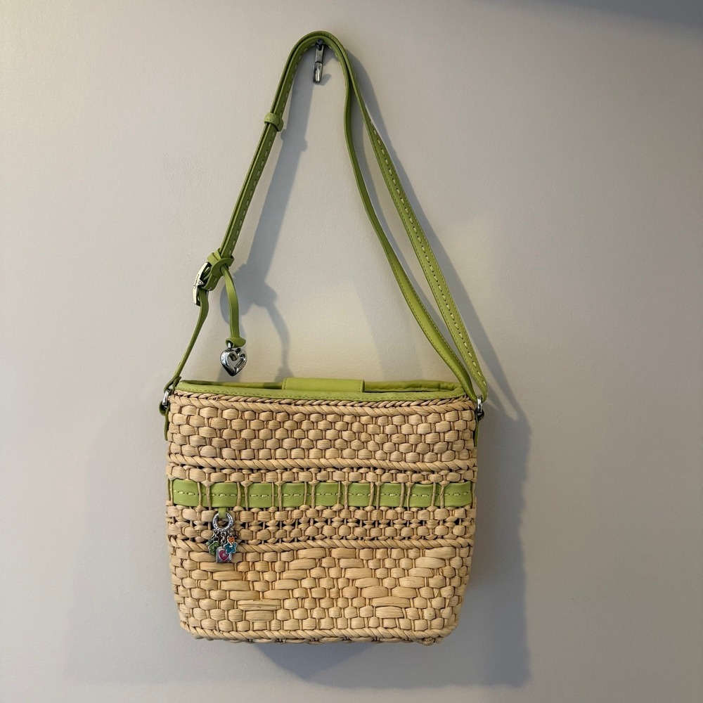 Brighton‎ Straw Woven Shoulder Bag Green Leather Trim Tassel Charms